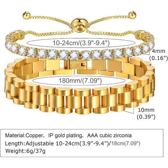 MPRAINBOW 2pcs Gold Chain Link Bracelet  Stainless Steel Love Crystal Friendship - Picture 3 of 6